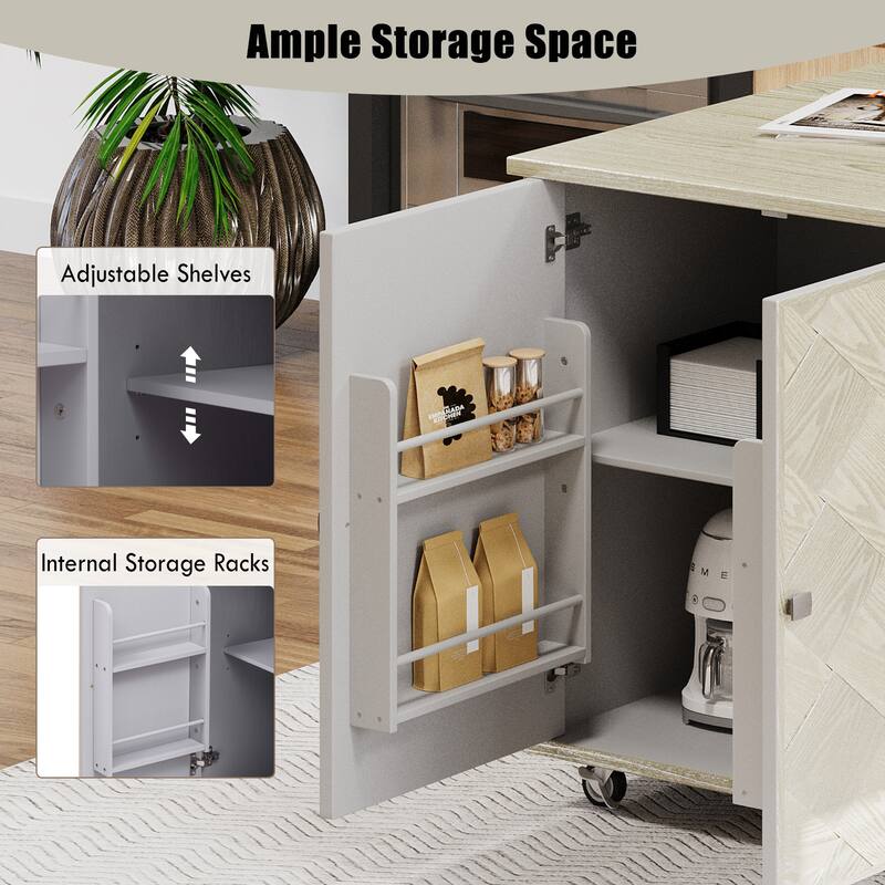 Modern 51.2" Kitchen Island with Drop Leaf and Handwoven Ash Veneer Doors, Internal Storage Racks on Wheels