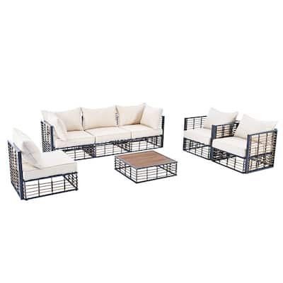 Contemporary 7-Piece Metal Outdoor Sectional Set – All-Weather Patio Furniture With Plush Cushions & Coffee Table.