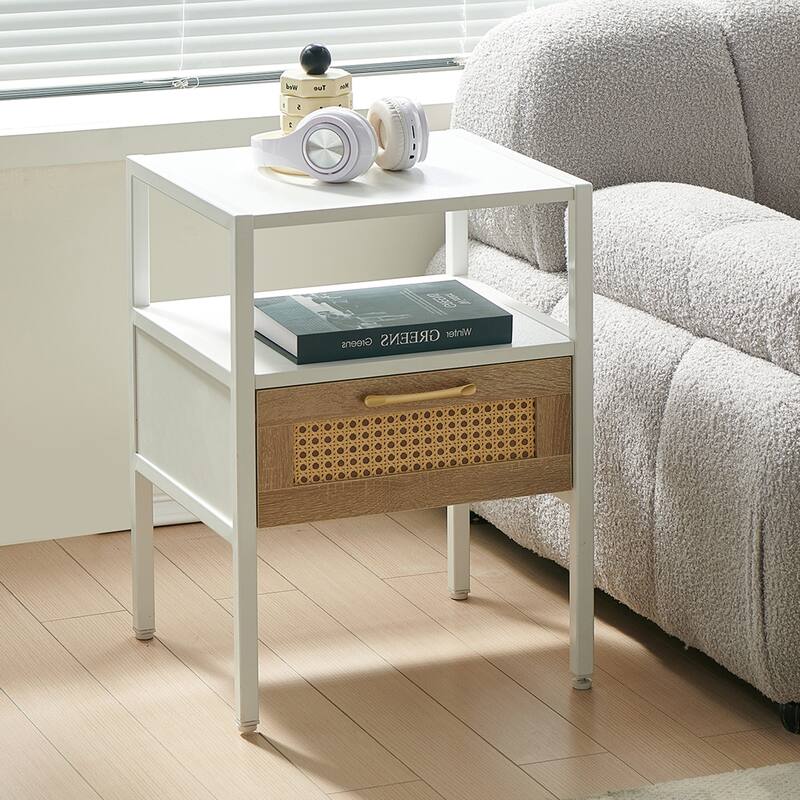 Modern Rattan End Table with Drawer, Metal Legs, White - White