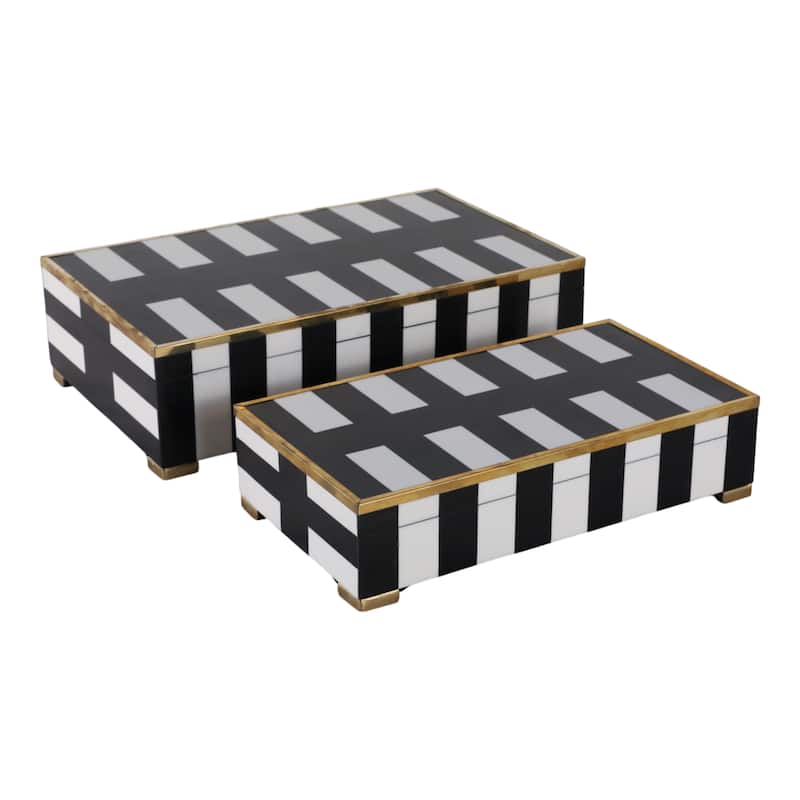Resin Decorative Boxes with Stripe (Set of 2) - 4" & 3" Black, White - 14" x 8.5" x 4" - Black - 14" x 8.5" x 4"