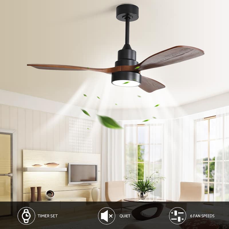 52"/60"/48" Noiseless Walnut Wood Ceiling Fan with Remote Control, Integrated Light Optional