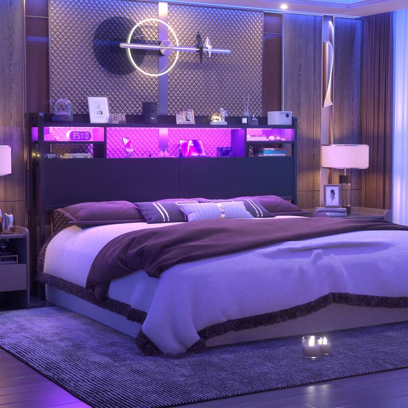 Storage Headboard with USB Port and Power Outlet, Head Board with LED Light for Bed Frame
