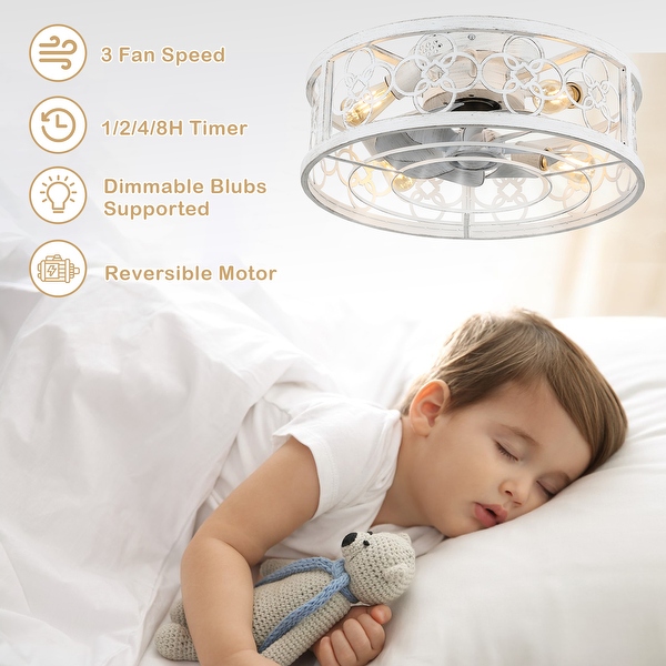 20 Vintage Cream White Caged Light Ceiling Fan Flush Mount Drum Shaped Classic Ceiling Fan for Bedroom On Sale Bed Bath Beyond 37938324