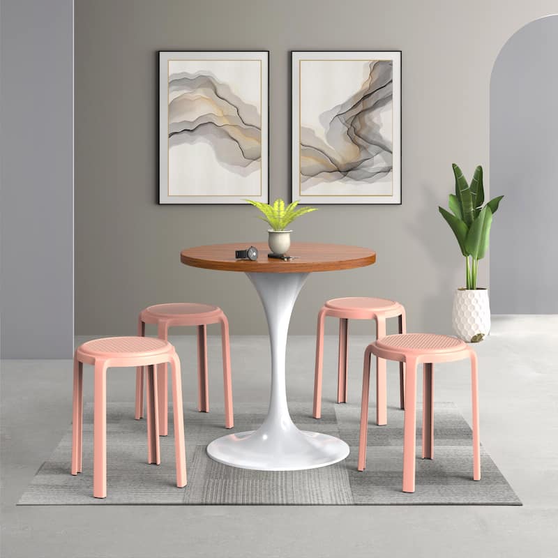 Round Plastic Dining Stool with Wicker Top Tresse Series by LeisureMod - 17.7" H x 13.4" W x 13.4" D