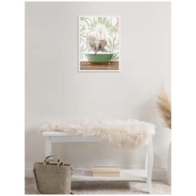 Kate and Laurel Sylvie Baby Elephant 3 in Wild Safari Bathtub Framed Canvas by Amy Peterson