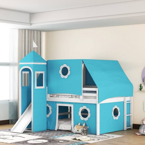 slide 2 of 9, Blue Pine Wood Castle-Inspired Bunk Bed with Slide and Ladder Full - Blue