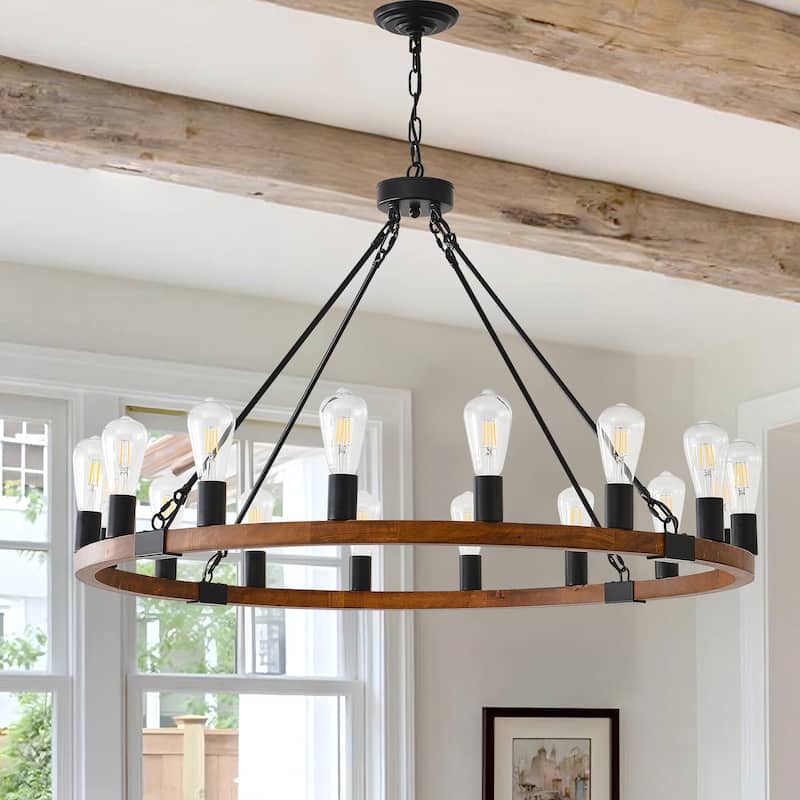 Farmhouse Wagon Wheel Chandelier - Rustic Wood & Metal Adjustable Pendant Light for Dining Rooms, Kitchens & Entryways
