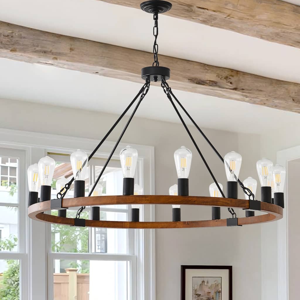 Farmhouse Wagon Wheel Chandelier - Rustic Wood & Metal Adjustable Pendant Light for Dining Rooms, Kitchens & Entryways