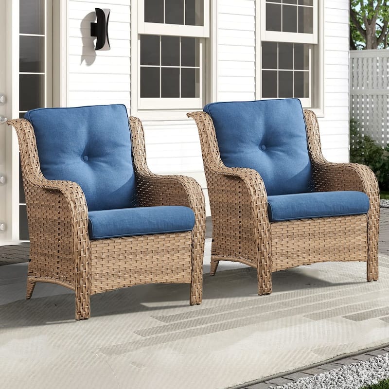 Outdoor Wicker High Back Club Chair with Cushions (Set of 2) - Yellow/Blue