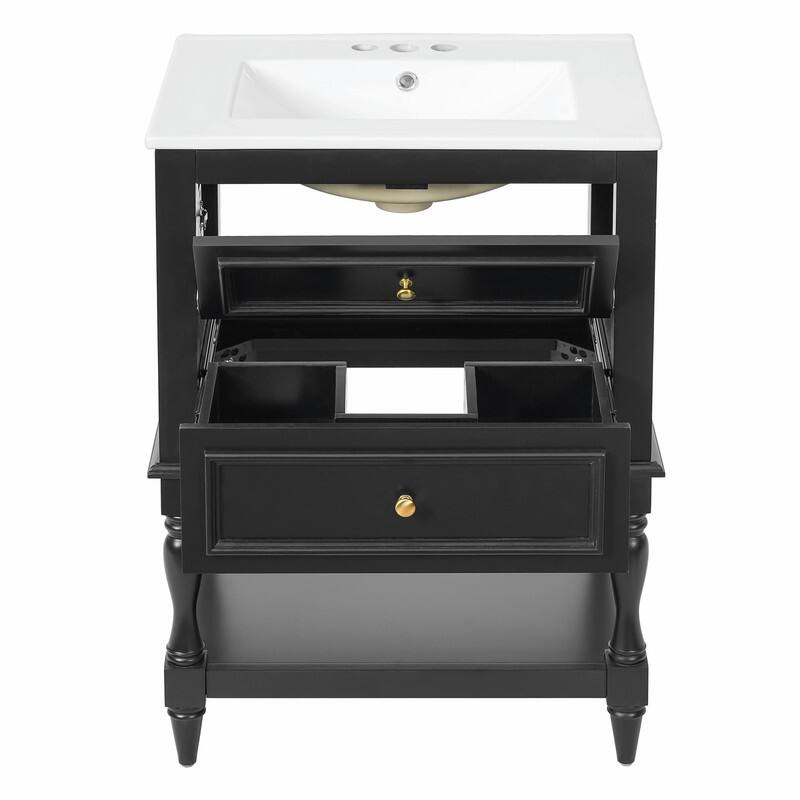 24" Bathroom Vanity with Ceramic Sink, Retro Open-Shelf Cabinet with 2 Drawers