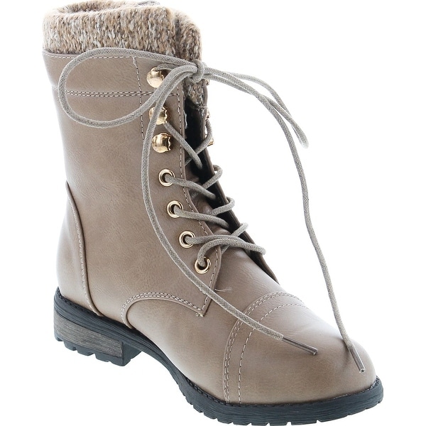 Kids Ankle Boots Knitted Cuff Casual Combat Lace Up Shoes Tan