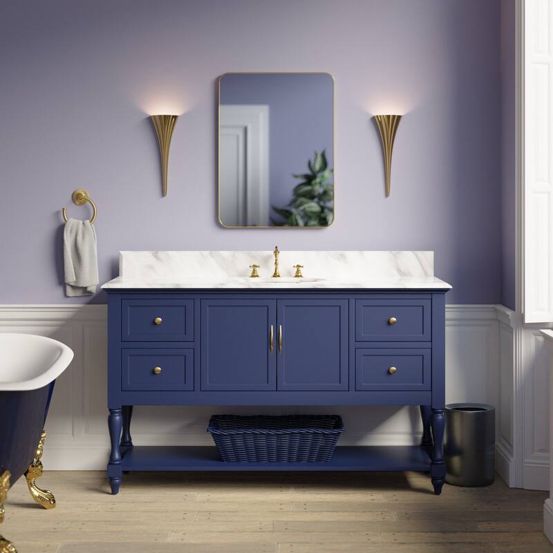 KitchenBathCollection Beverly 60" Single Bathroom Vanity with Carrara Marble Top - Royal Blue