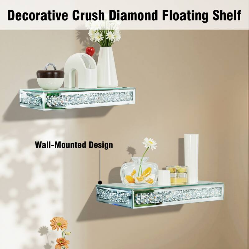 2 Pcs Crushed Diamond Display Shelves for Wall Stylish Floating Wall Shelf for Plants Mirrored Glass Floating Shelf
