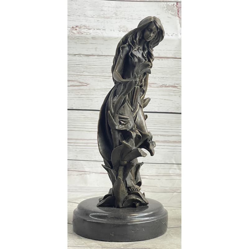 Nymph Girl Among The Flowers Bronze Sculpture Statue Figure On Marble Base