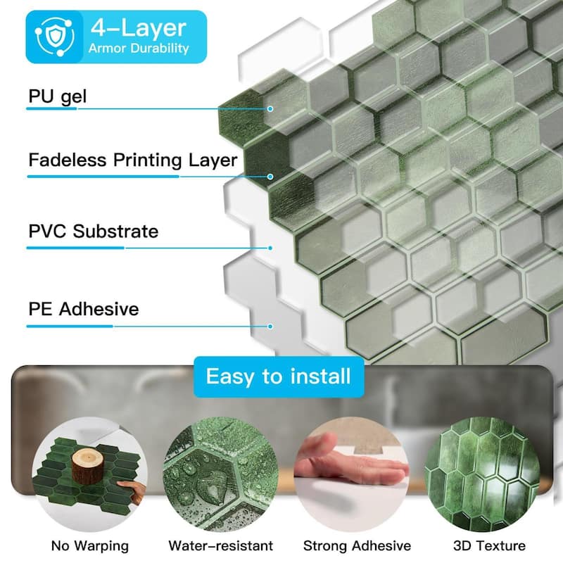 Art3d 10pcs Peel and Stick Backsplash Thickened Wall Tiles, 12''x12'', Cover 10 Sq.Ft.