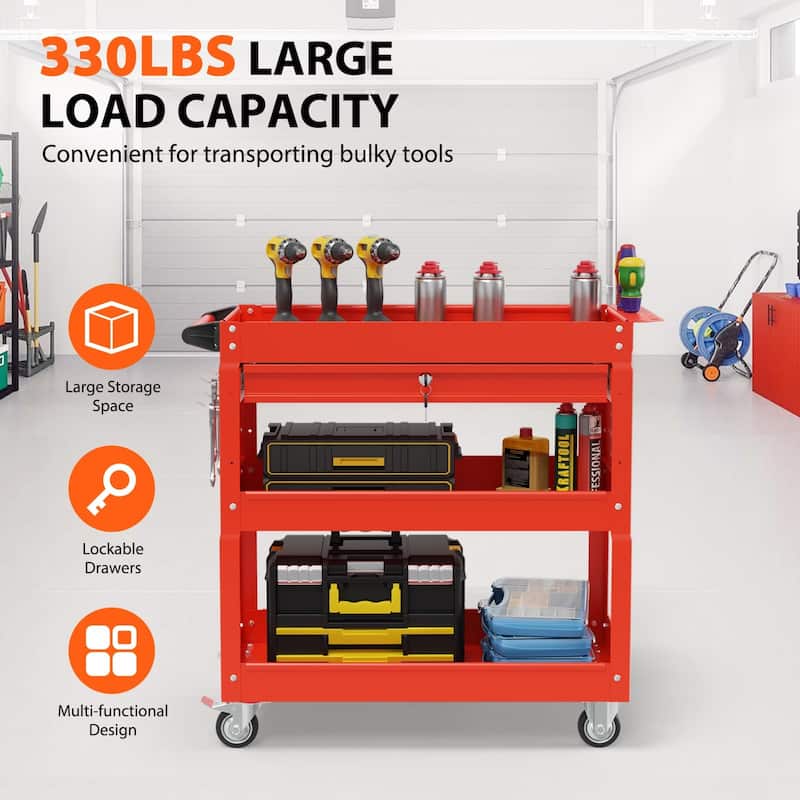 3-Tier Rolling Tool Cart on Wheels for Mechanics with Utility Drawer