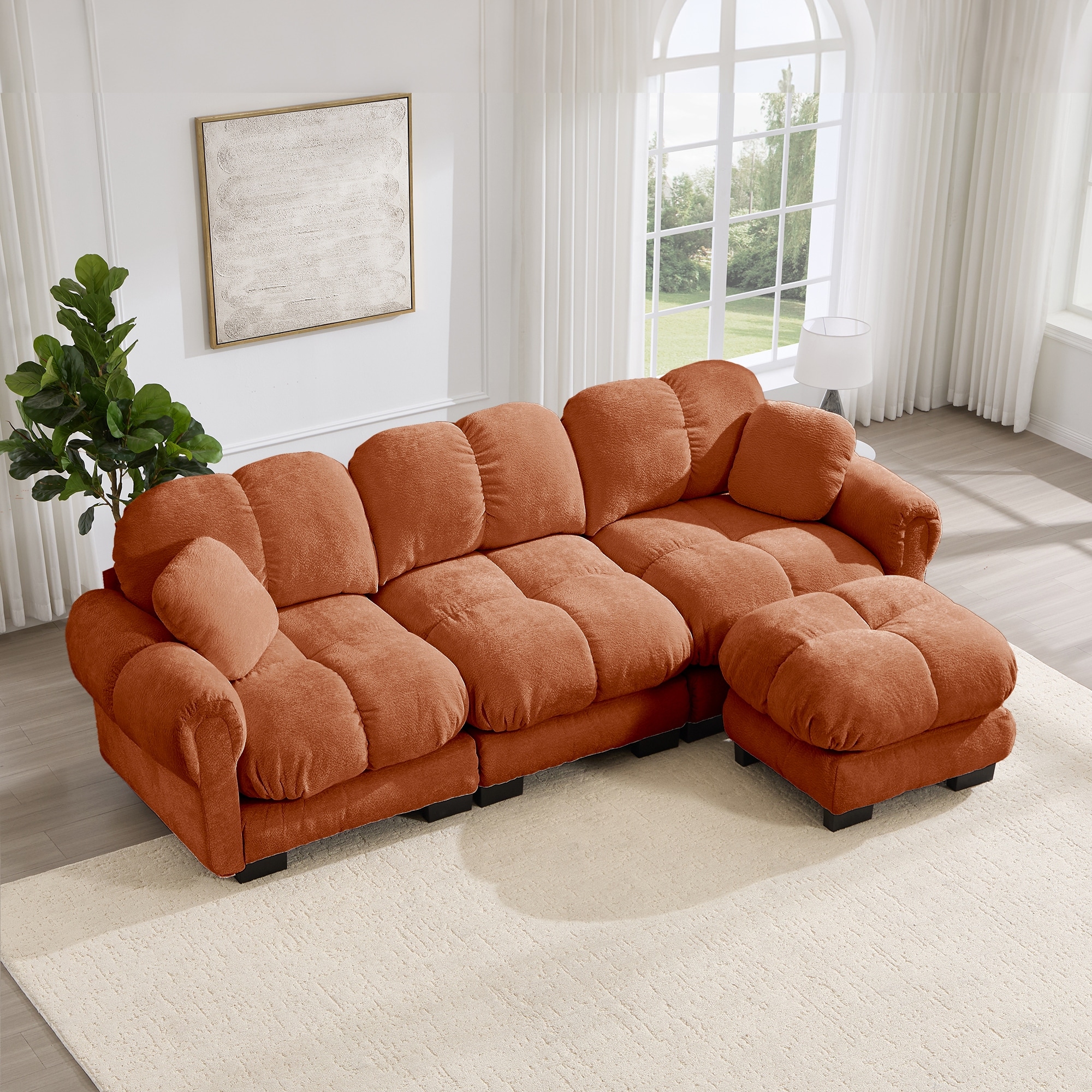 GDFStudio - Oversize Chenille L-Shaped 103.9" 3-Seater Sofa with Quilted Cushions, Pillows & Movable Ottoman