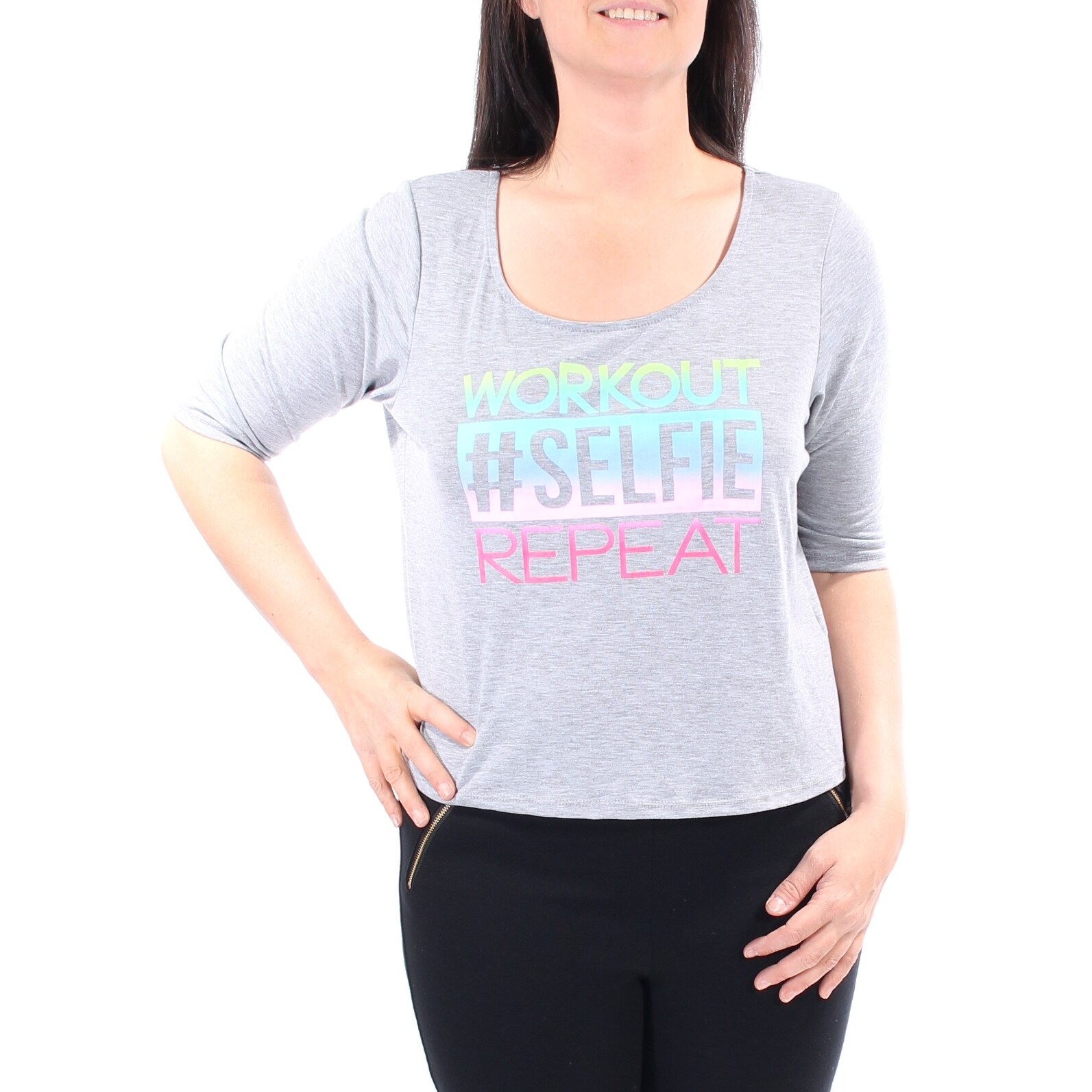 Shop Womens Gray Workout Selfie Repeat Short Sleeve Scoop Neck