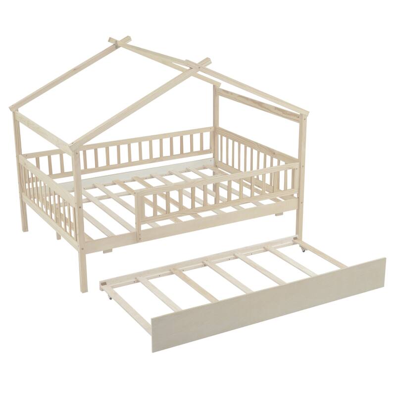 Full Size Wooden House Bed with Twin Trundle, Natural Finish