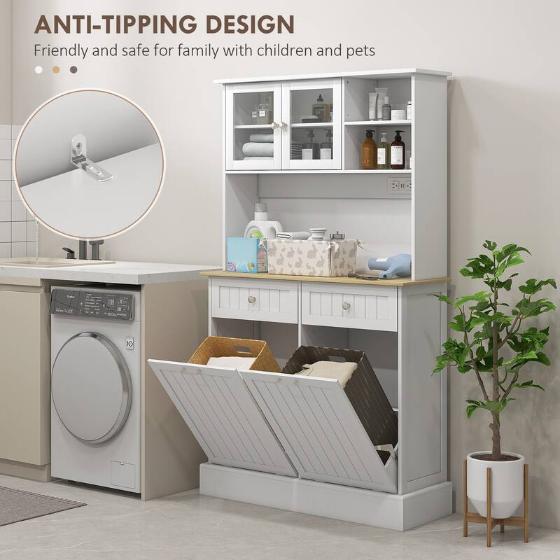 Kitchen Pantry Storage Cabinet with Charging Station & 2 Tilt Out Trash Cabinets, Buffet Cabinet with Adjustable Shelf - White