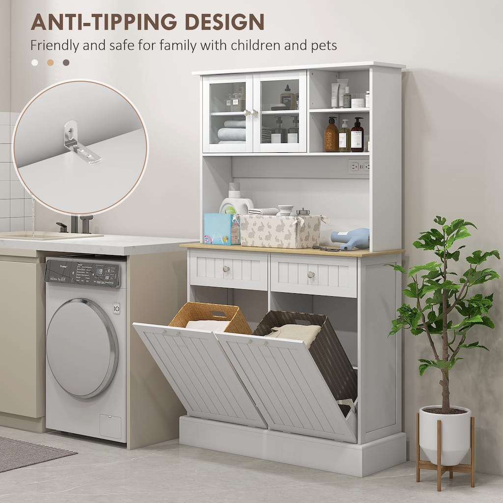 Kitchen Pantry Storage Cabinet with Charging Station & 2 Tilt Out Trash Cabinets, Buffet Cabinet with Adjustable Shelf