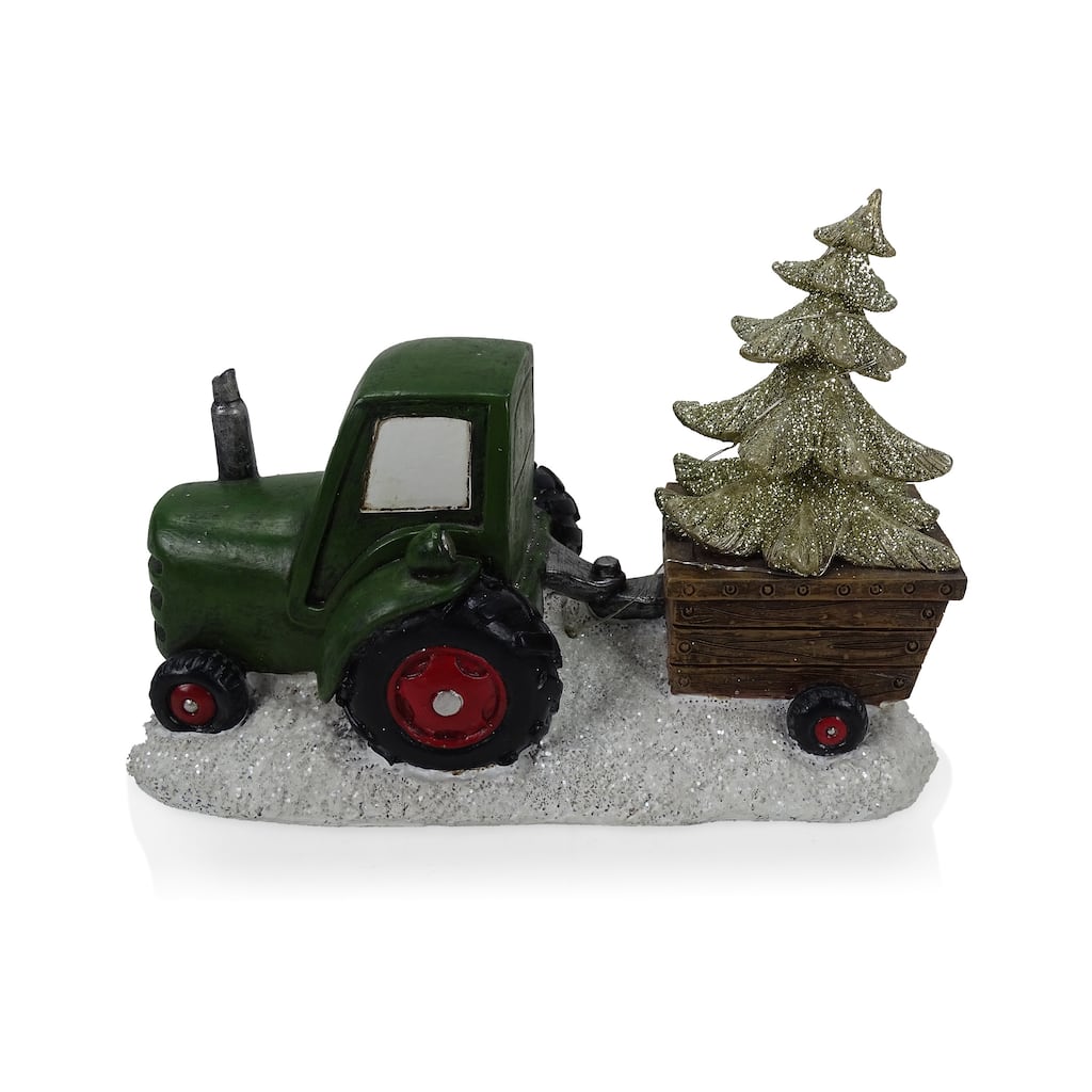 Holiday Green Tractor Pulling Tree Statue with LED Lights - 7" H