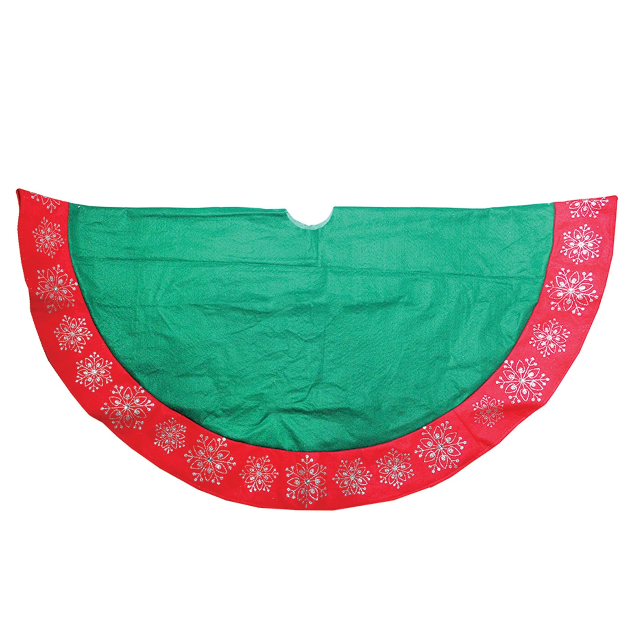 48" Green Christmas Tree Skirt Red Gemstone Glitter Snowflake Trim