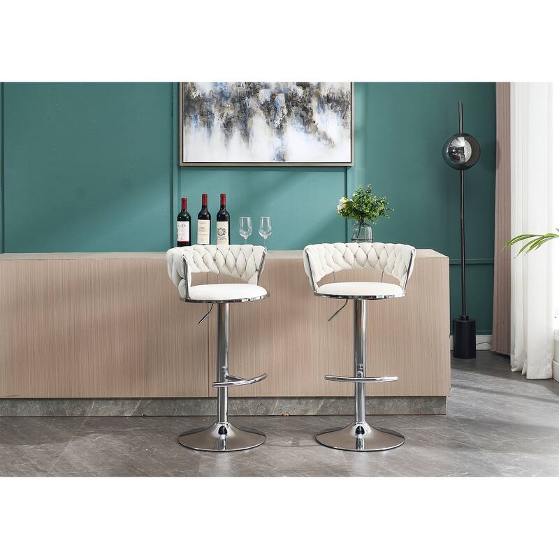 Set of 2 Adjustable Swivel Bar Stools, Cream Velvet with Chrome Footrest & Chrome Legs