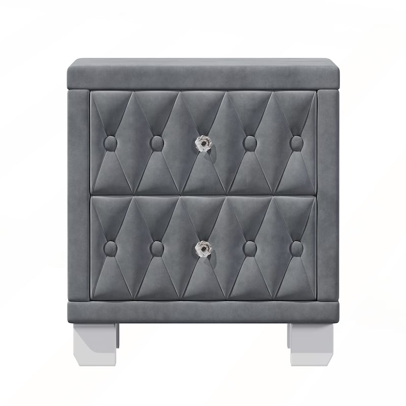 Elegant Velvet Nightstand with 2 Drawers and Crystal Handle