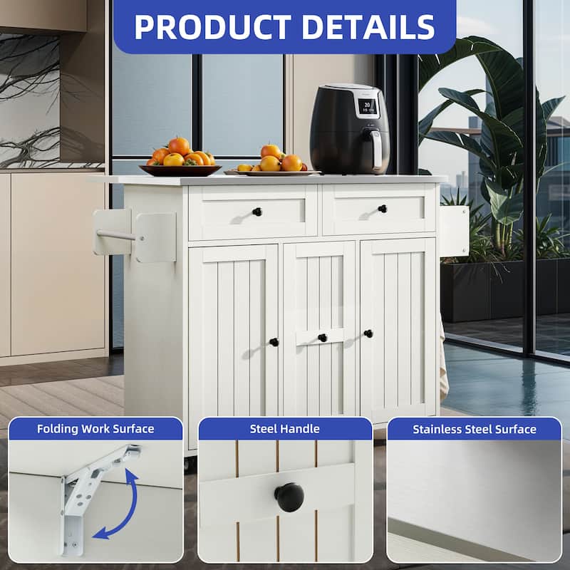 Moasis Wooden Kitchen Island with Drop Leaf Rolling Cart Extra Large Work Surface and Storage Drawers Towel Spice Rack