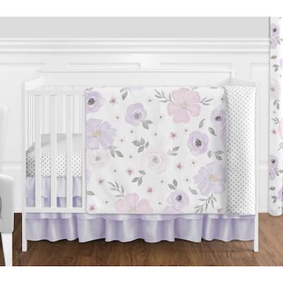 Sweet Jojo Watercolor Floral Lavender Shabby Chic 4-piece Nursery Crib Bedding Set