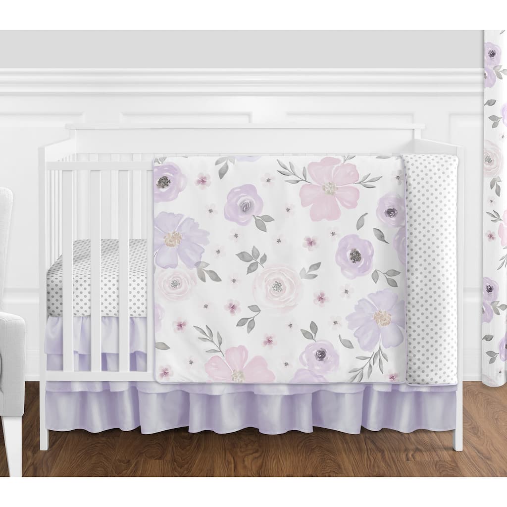 Sweet Jojo Watercolor Floral Lavender Shabby Chic 4-piece Nursery Crib Bedding Set