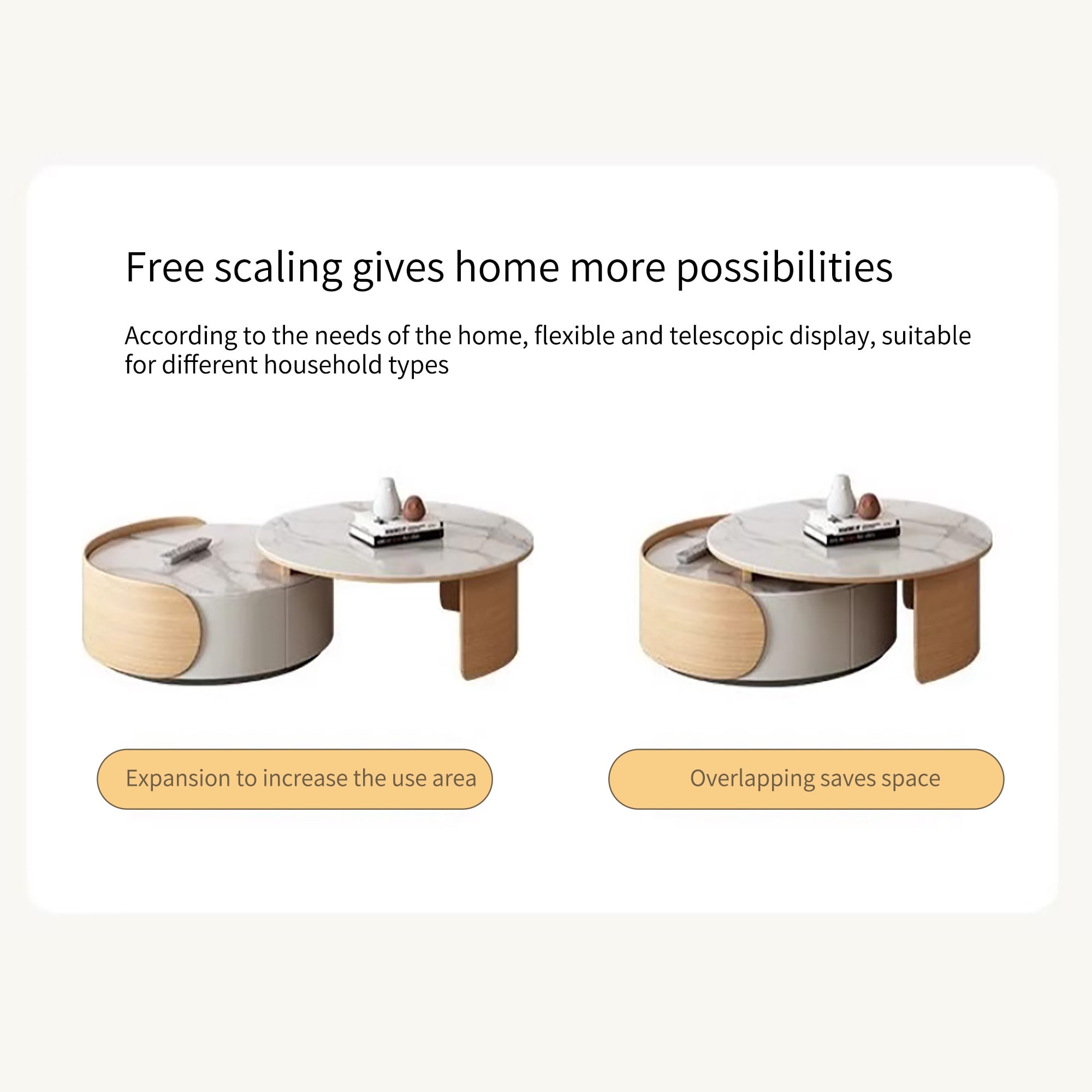 Modern Round Coffee table, Stone Table-top, Natural Wood - 50" x 31.5"