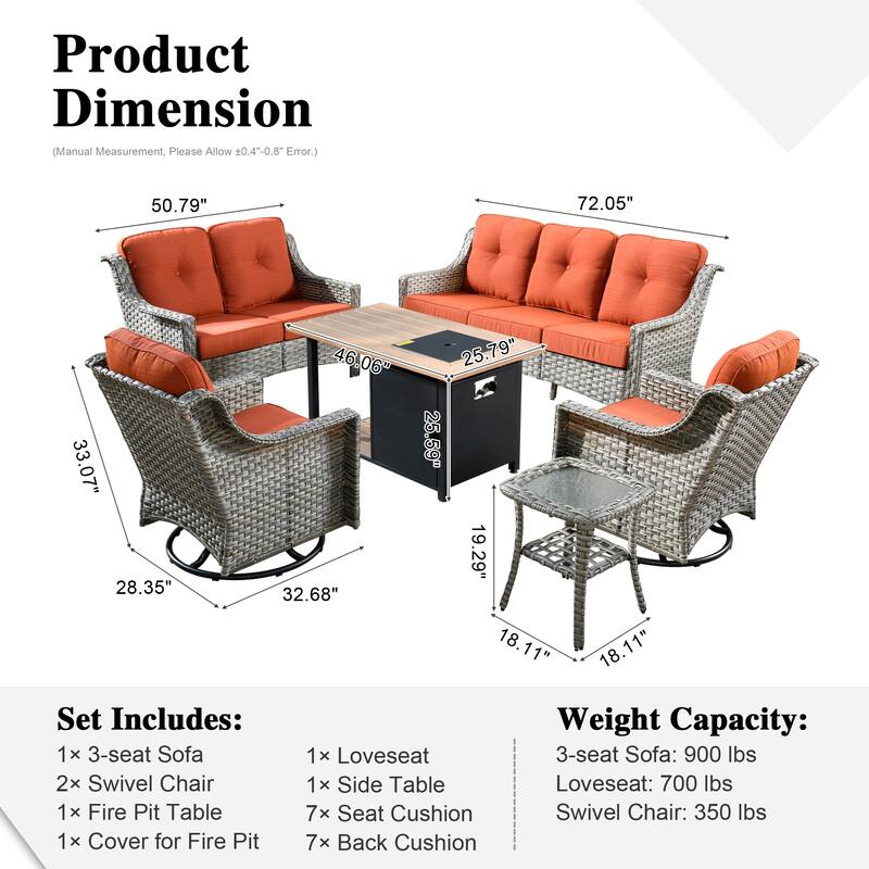 XIZZI 6-piece Outdoor High-back Furniture Swivel Chair Set with Fire Pit
