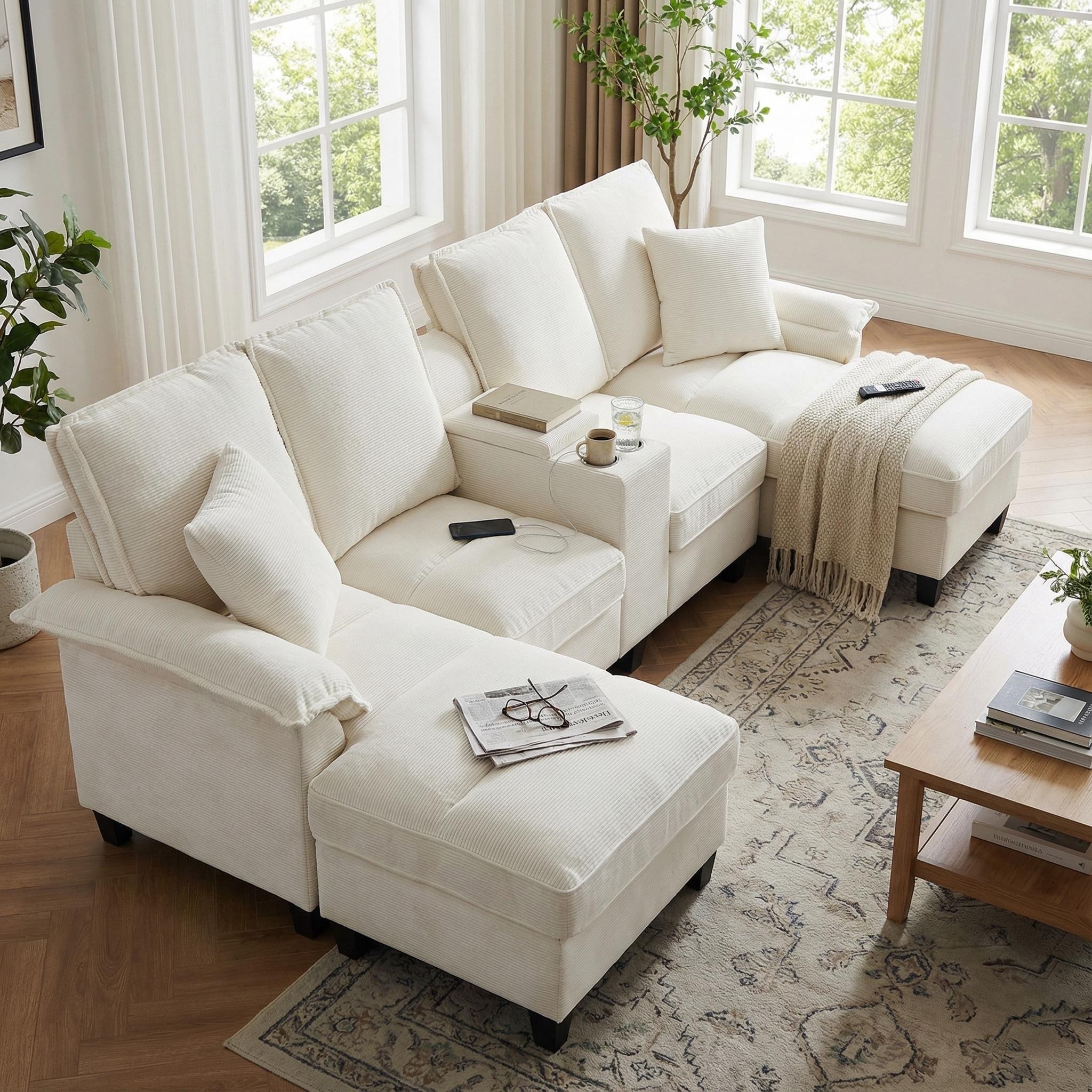 Homy Casa 120" U-Shaped Modular Corduroy Sectional Sofa Bed w/ Storage, Cup Holders & USB, 4-Seat (Beige/Green/Gray/Black)