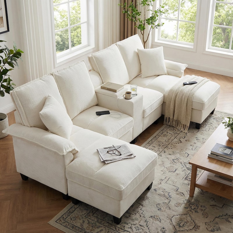 Homy Casa 120" U-Shaped Modular Corduroy Sectional Sofa Bed w/ Storage, Cup Holders & USB, 4-Seat (Beige/Green/Gray/Black) - Beige