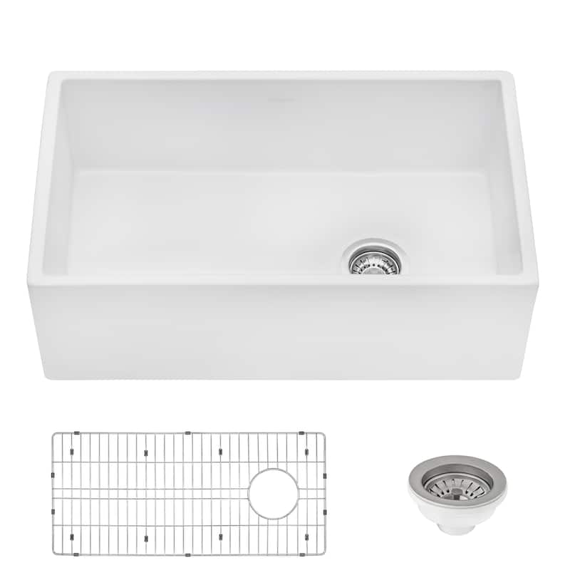 Ruvati 30-inch Fireclay Farmhouse Offset Drain Kitchen Sink Single Bowl White - Right Drain -