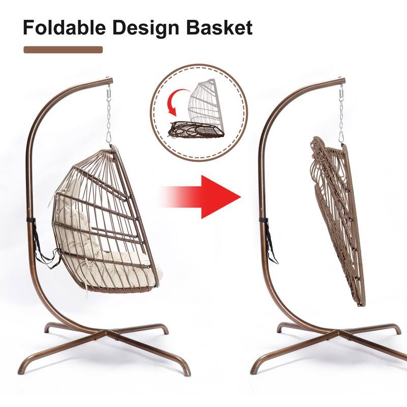 Oversized Wicker Hanging Egg Chair with Stand, Outdoor Indoor Swing Chair with Cushion, 350 lb Capacity