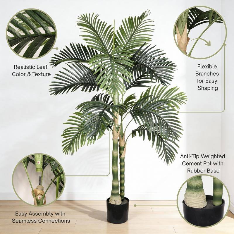 Lush Black Pot Golden Cane Palm - Lifelike Tropical Faux Plant for Indoor & Outdoor Spaces