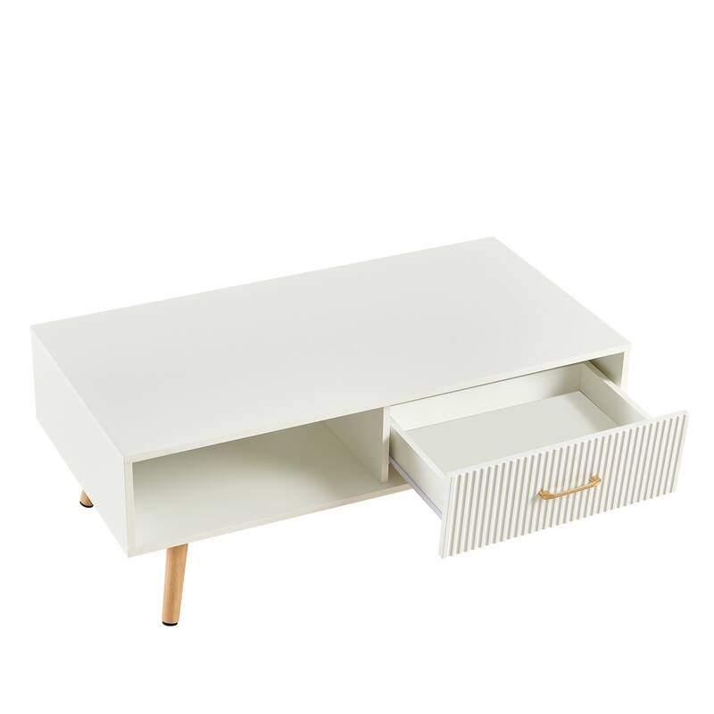 Rectangle Coffee Table with Solid Wood Legs, Sliding Drawer for Storage, Modern Table for Living Room