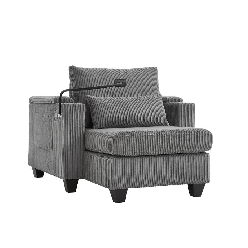 Corduroy Convertible Chaise Lounge with USB, Cup Holders & Storage