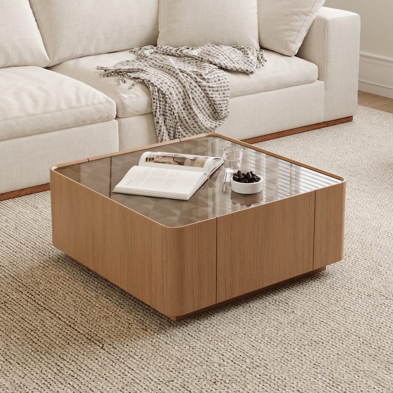 31.5-Inch Square Coffee Table with Storage Drawers,Modern Wooden Coffee Table with Glass Top ,Tea Table Center Tables