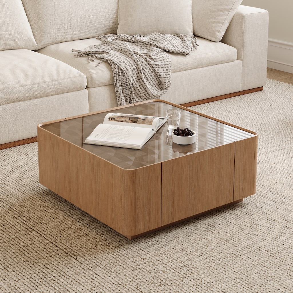 Square Coffee Table Decorative Table with 2 Hidden Drawers, Natural Walnut Sofa Table Side Table Center Table