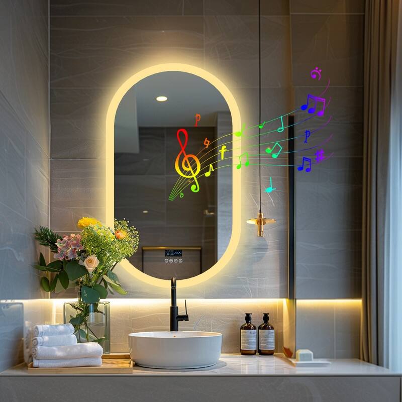 Oval LED Bathroom Mirror with Lights, Anti-Fog, Bluetooth Speaker, 3 Colors, Dimmable, Memory