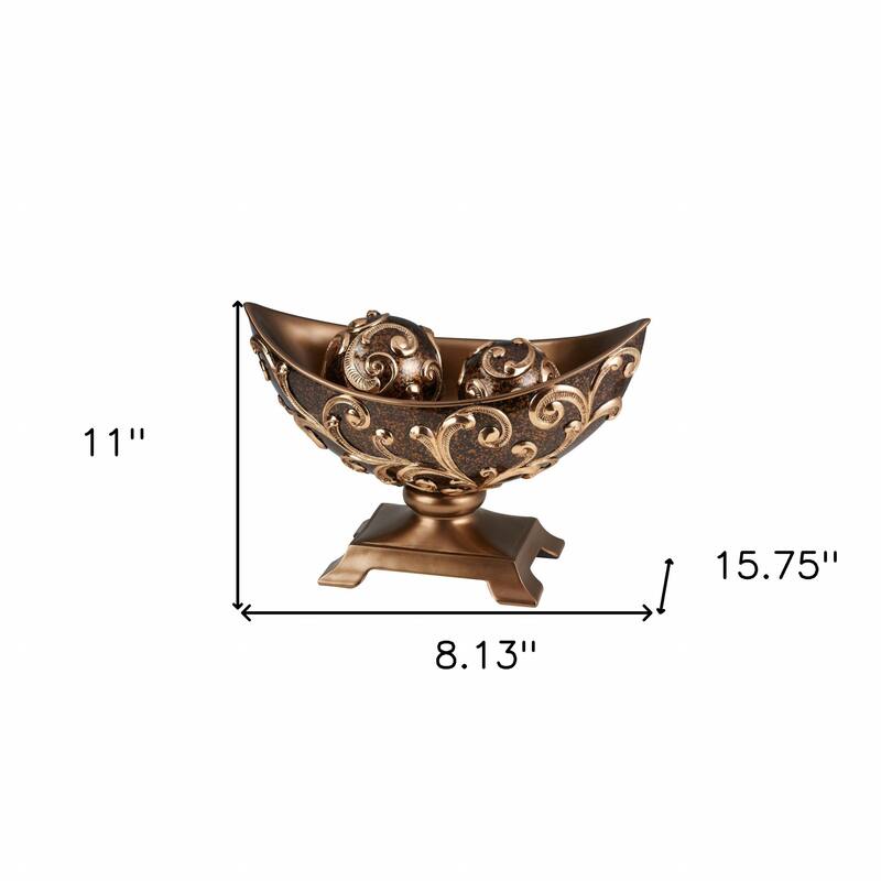 HomeRoots 11" Brown And Gold Polyresin Decorative Bowl With Orbs - 8.13' X '11' X '15.75