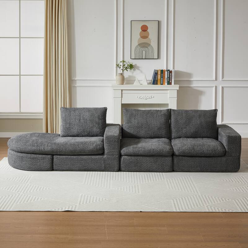 Curved Sectional Sofa with L-Shape Chaise, Chenille Upholstered Boneless Cloud Sofa, Modular 4 Seat Corner Sofa with Cushions