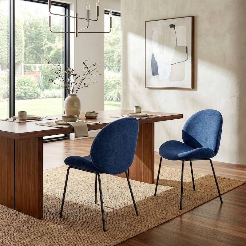 Set of 2 Benedetta Blue Linen Upholstered Dining Chair with Iron Legs