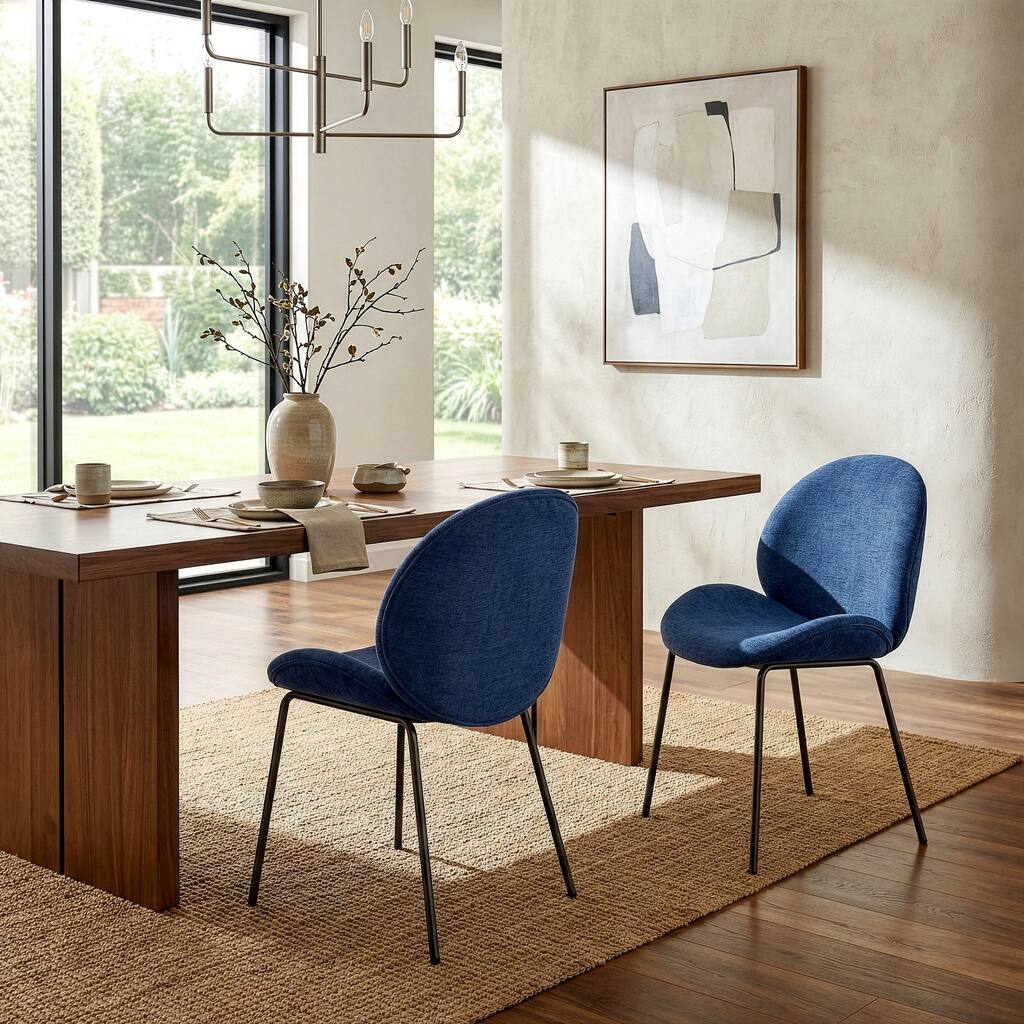 Set of 2 Benedetta Blue Linen Upholstered Dining Chair with Iron Legs