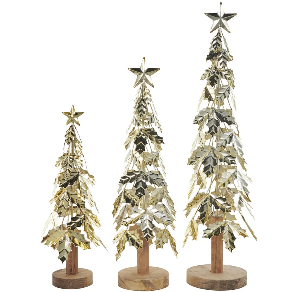 Metal Tree Holiday Layered Branch Christmas Sculpture with Wooden Base and Star Topper - Set of 3 Gold - Roche River Decor