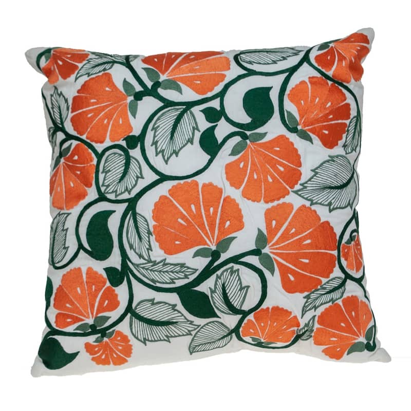 HomeRoots 22" Orange and White Floral Cotton Throw Pillow With Embroidery